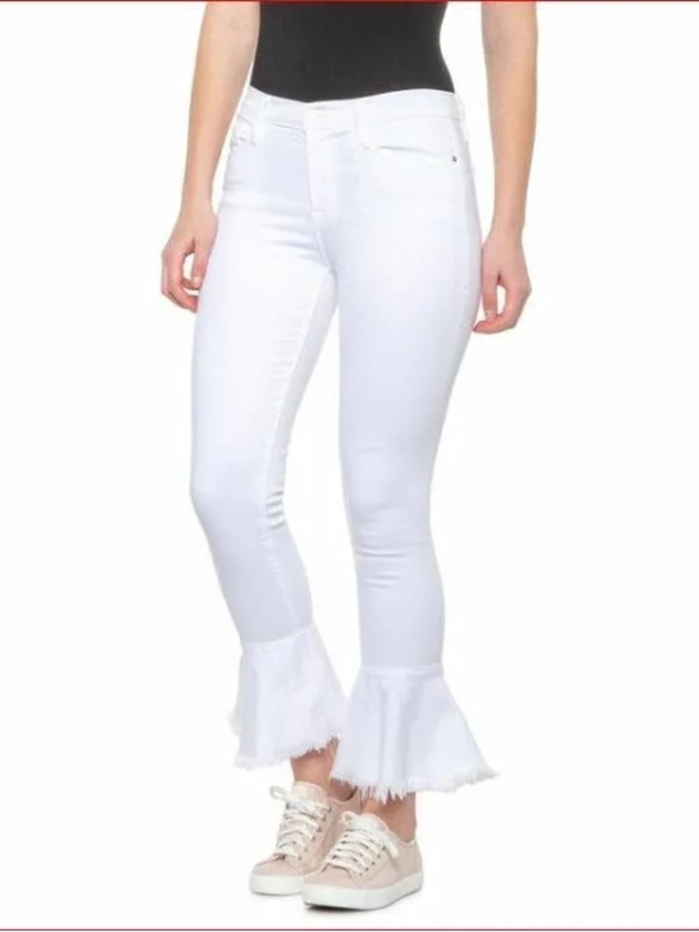 Frame Denim Mid-Rise White Skinny Jeans with Frayed Ruffle Hem (26)